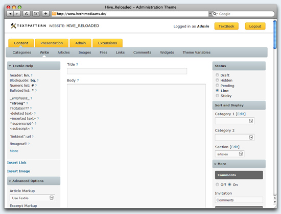 Hive_Reloaded Administration-Theme for Textpattern CMS