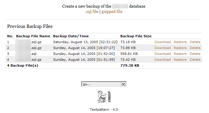 rss_admin_db_manager database backup tab